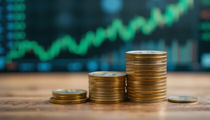 Bitcoin Stacks and Single Coin Against a Blurred Stock Market Chart