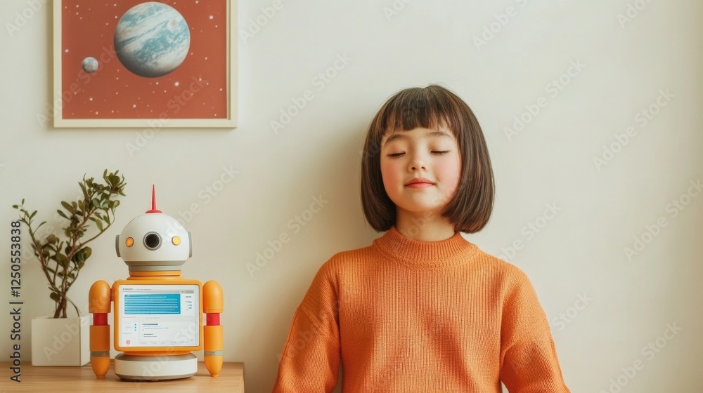 Aufkleber vibrant coding companion a colorful educational robot on wooden desk in childs room - nurturing stem