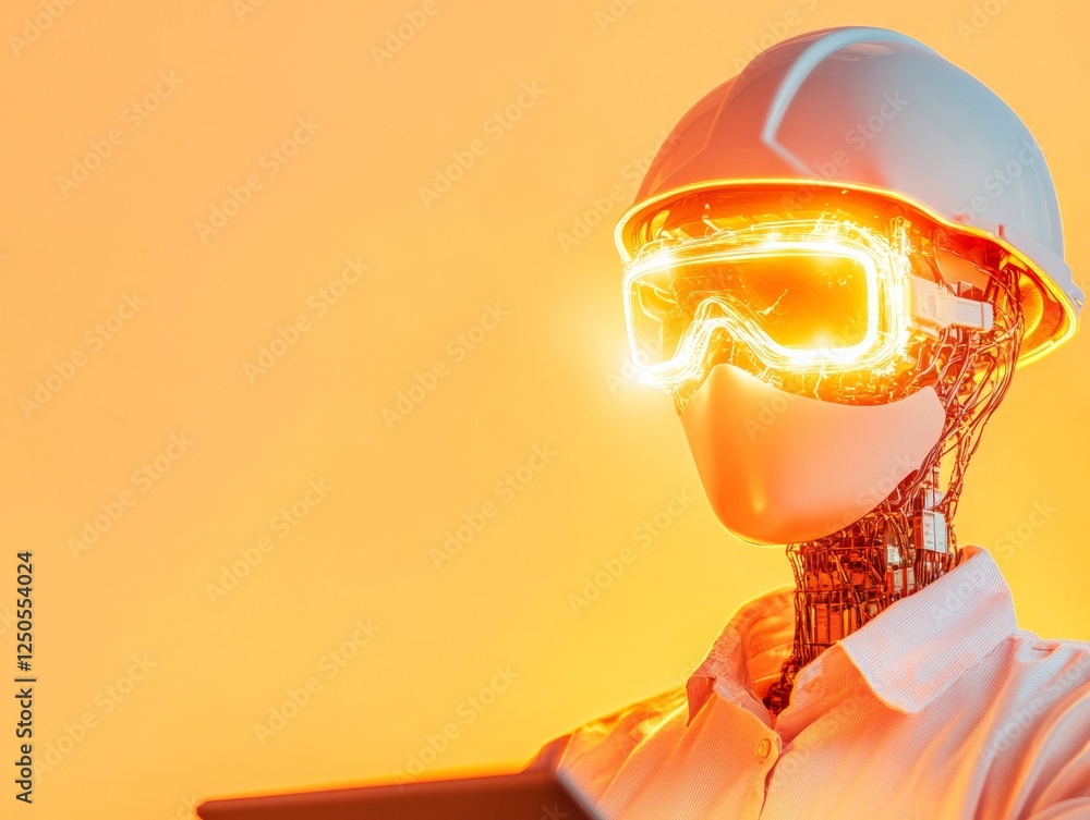 Poster Futuristic Industrial Automation AI-Driven Robotic Worker with Neon Interfaces in Smart Factory - Enhancing Efficiency with Cutting-Edge Tech and Digital Evolution