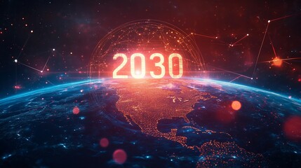 Glowing 2030 over Earth, futuristic concept.
