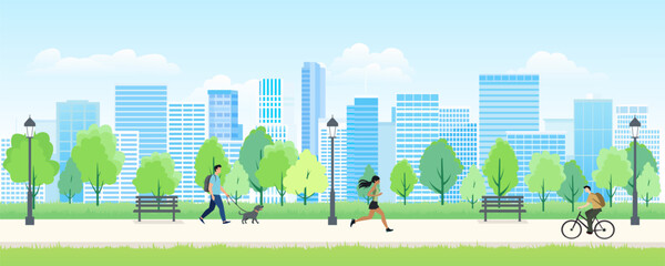City park with people, dog and bicycles. People in a city park, a runner and a cyclist. Benches in a city park. Pedestrian street, business district of the city with office buildings and skyscrapers.