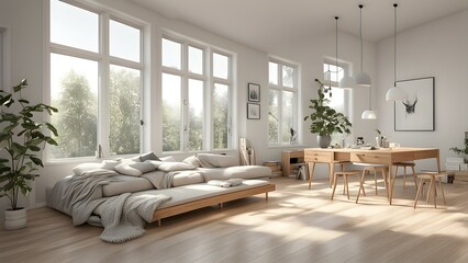 Fototapeta premium A bright, modern living space with a cozy sofa and dining area surrounded by greenery.