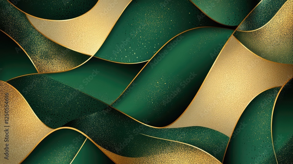 Poster abstract artistic design featuring flowing waves in rich green hues with golden accents, creating a 