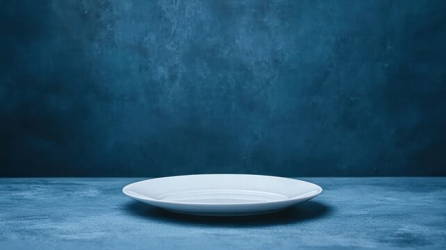 Empty white plate on textured blue background symbolizing hunger and food scarcity