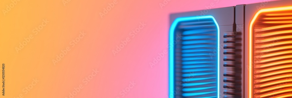 Aufkleber Neon-Tech Aesthetic in Server Corridor Precision-Aligned Data Racks with Visible Cooling Systems - Enterprise IT Infrastructure and Cybersecurity Enhancement