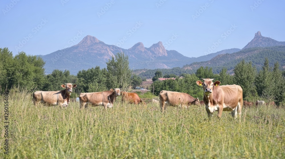 Poster cows grazing in a lush field with mountains in the background.