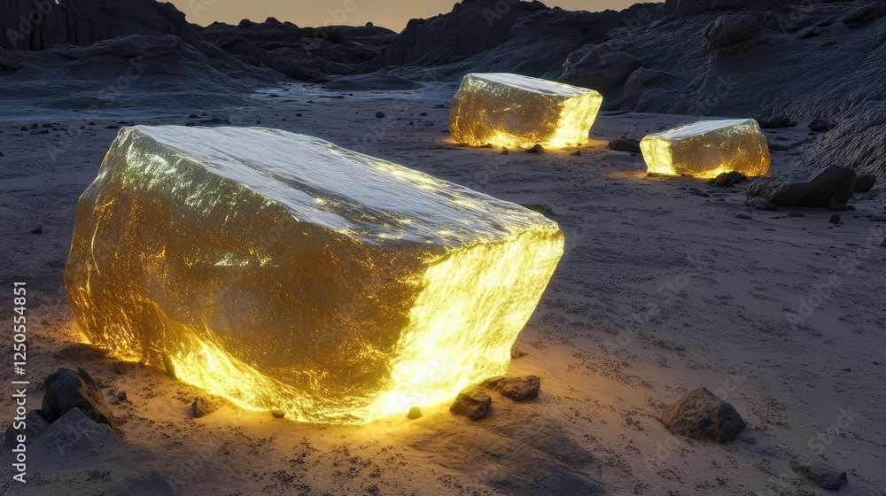 Poster glowing crystal rocks on desert landscape under twilight sky with unique textures and reflections in
