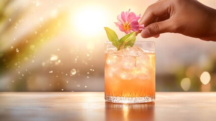 Artisanal Mixology Prosthetic Bartenders Precision with Edible Flower Garnish on Luxe Cocktail - Craft Cocktail Branding and Upscale Bar Marketing, Golden Ambiance and Textured Detail