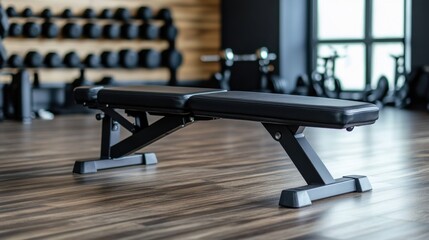 Fototapeta premium A black adjustable weight bench sits in a modern gym. Dumbbells are in the background, suggesting a workout environment. The bench is clean and well-maintained