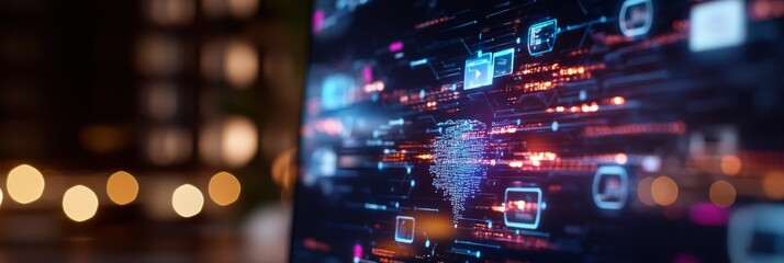 Futuristic Cybersecurity Interface Digital Network Graph with Floating Shield Icons - IT Protection for Modern Office Spaces and Data Safety Solutions