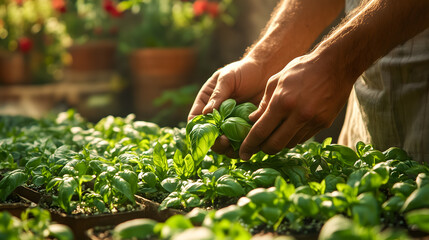 Harvesting Fresh Basil in Garden