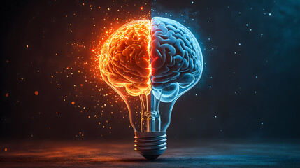 Split Brain Concept in Light Bulb with Fire and Ice