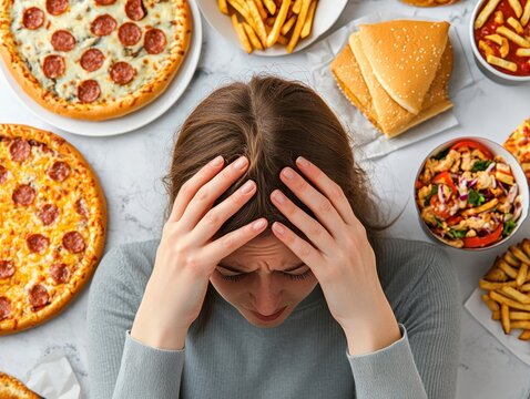 Stressed woman surrounded by fast food symbolizing binge eating and food addiction struggles