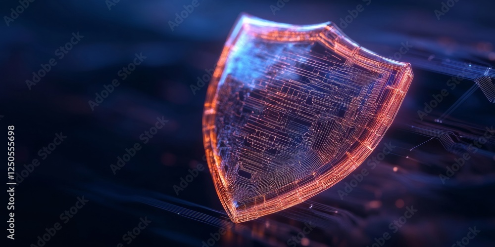 Poster Futuristic Network Security Visualization Neon Shield with Circuit Architecture - Cutting-Edge Cyber Defense Tools for Modern IT and Digital Protection Strategies