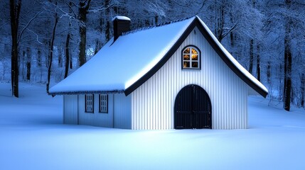Cozy winter cabin in snowy forest tranquil scene photography evening light serene atmosphere