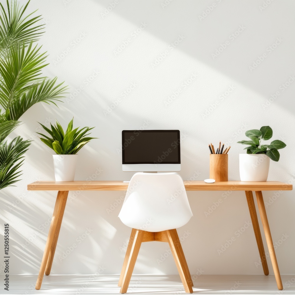 Poster minimalist workspace design scandinavian wood desk with plants and monitor - modern office setup for