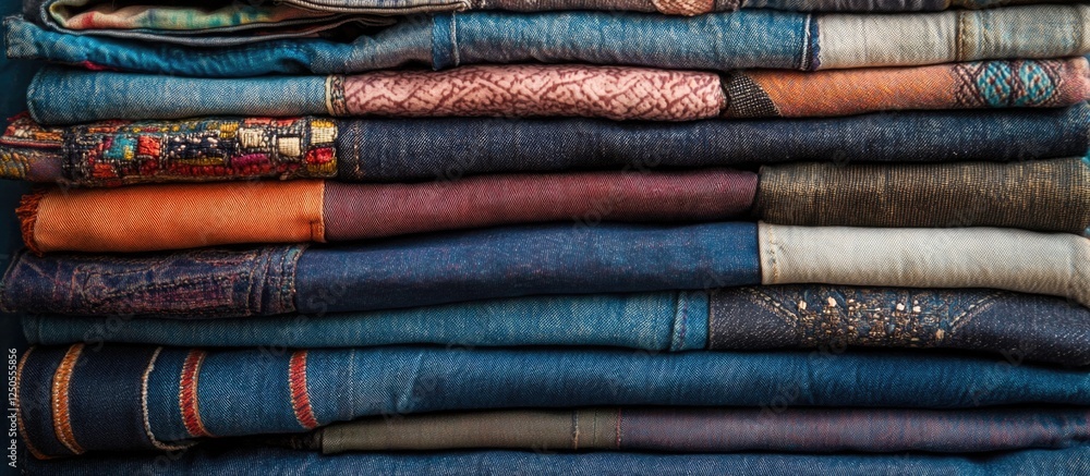 Poster stack of assorted jeans in various shades arranged neatly on a denim background showcasing textures 