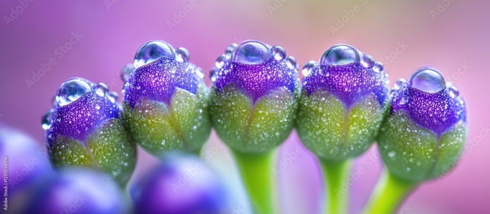 Poster close-up macro of grape berries with dew droplets on colorful buds creating a vibrant botanical back