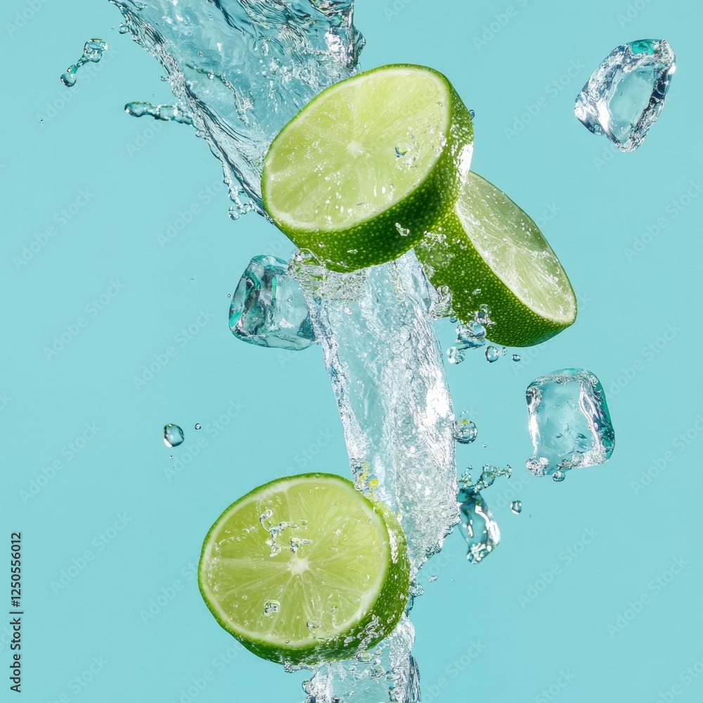 Poster Dynamic Citrus Splash Vibrant Lime Slices and Ice in Motion - Refreshing Beverage Ad Design for Modern Digital Marketing in the Food and Beverage Industry