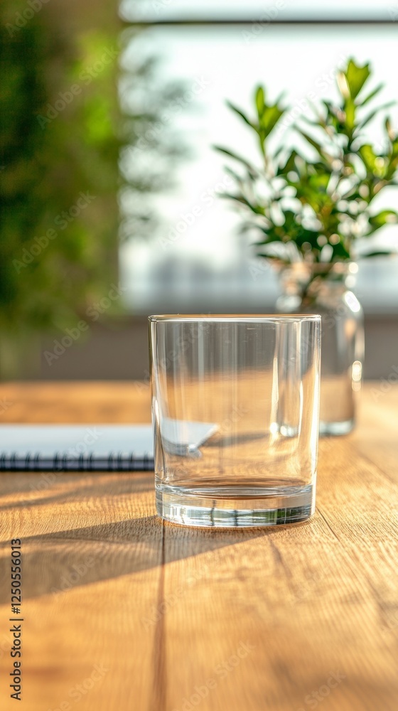 Poster eco-modern business setting sunlit glassware on sustainable wood - data-driven team collaboration an