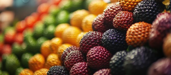 Vibrant assortment of snake fruit in supermarket showcasing diverse colors and textures of Indonesian salak fruit in selective focus.