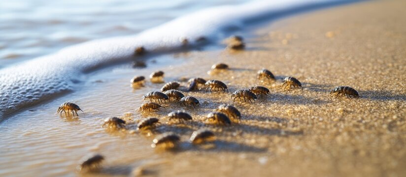 Sand fleas scattered on sandy beach at Botany Bay in Broadstairs UK revealing textures and coastal ecosystem details.