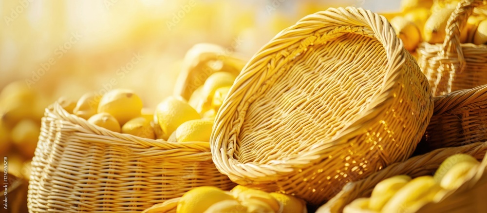 Poster piled yellow wicker baskets on a vibrant yellow background showcasing texture and warmth in a rustic