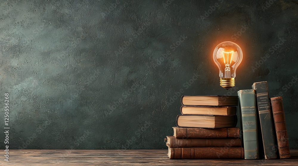 Poster glowing lightbulb resting on a stack of old leather bound books symbolizing the power of knowledge e
