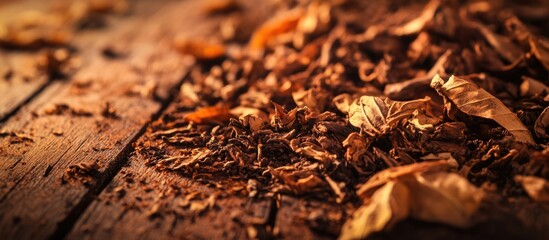 Crushed tobacco leaves scattered on wooden surface with natural lighting highlighting their texture and detail.