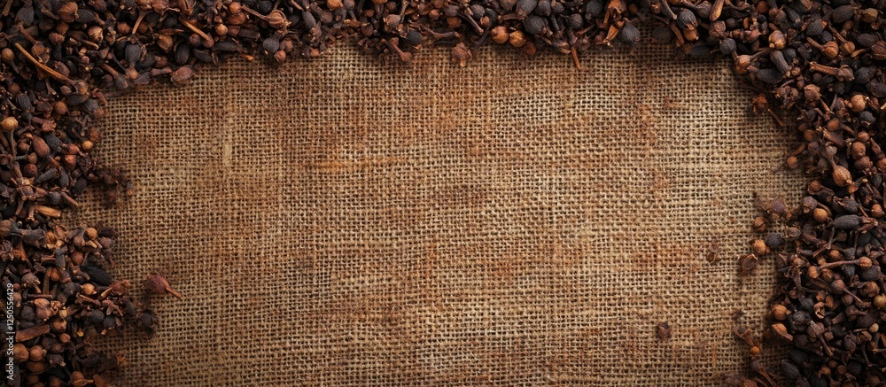 Poster Dried clove spice scattered on burlap surface creating a rustic and earthy background for culinary or spice-related themes.