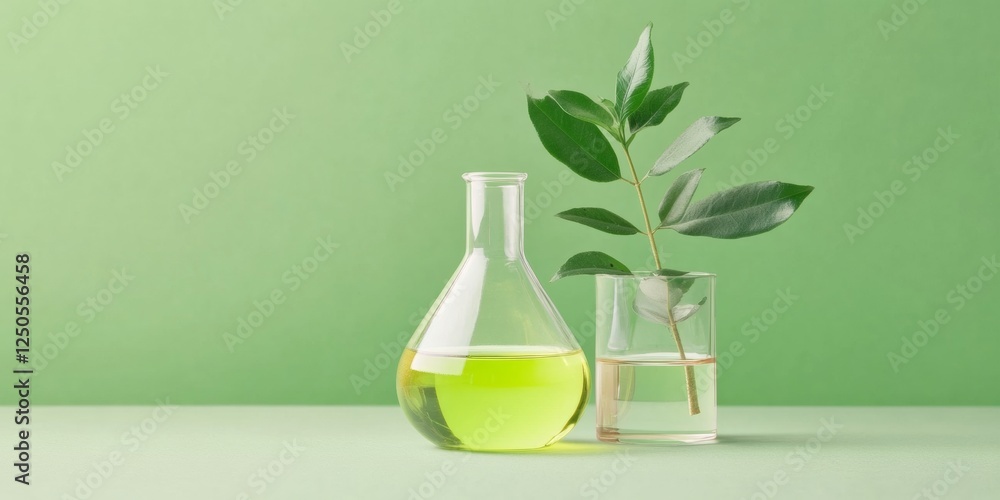 Poster eco-lab display minimalist glass beaker with green solution and leaf cuttings on sage background - s