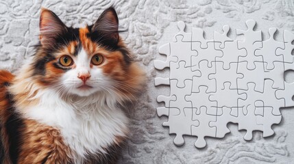 Curious fluffy calico cat next to unsolved puzzle board in cozy living room