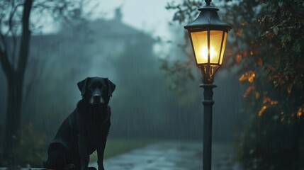 Lost Dog Poster on Lamppost in Rainy Atmosphere with Black Dog Silhouette and Glowing Light