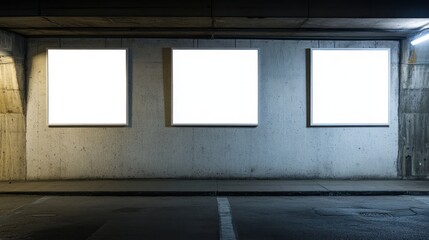 Blank Advertisement Signboards in a dimly lit Underground Parking Garage