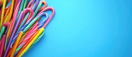 Colorful candy canes arranged on a vibrant blue background with ample copy space for festive seasonal designs or holiday promotions.