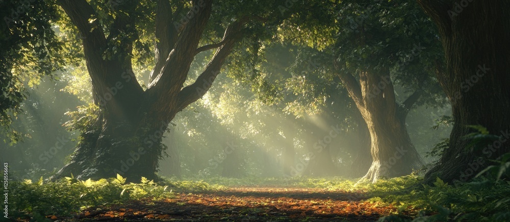 Aufkleber sunlight filtering through majestic trees in a serene woodland setting with lush greenery and a peac