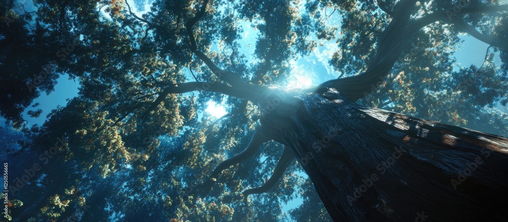 Aufkleber majestic view of towering tree canopy with sunlight filtering through leaves in serene forest settin