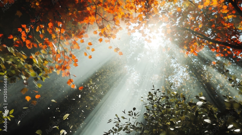 Poster sunlight filtering through a vibrant forest canopy with colorful leaves creating a serene and enchan