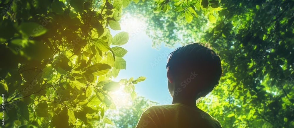 Poster child gazing upwards through lush green tree canopy with sunlight filtering in, creating a serene an