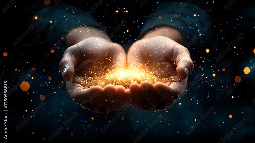 Poster cupped hands holding a captivating display of glowing cosmic energy with luminous particles of light