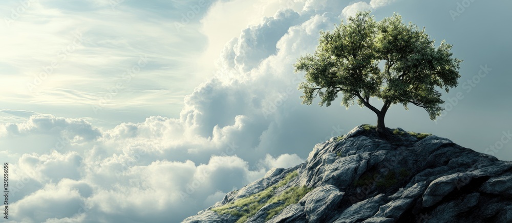 Poster solitary tree on a rocky hillside beneath a dramatic sky with ample negative space for customizable 