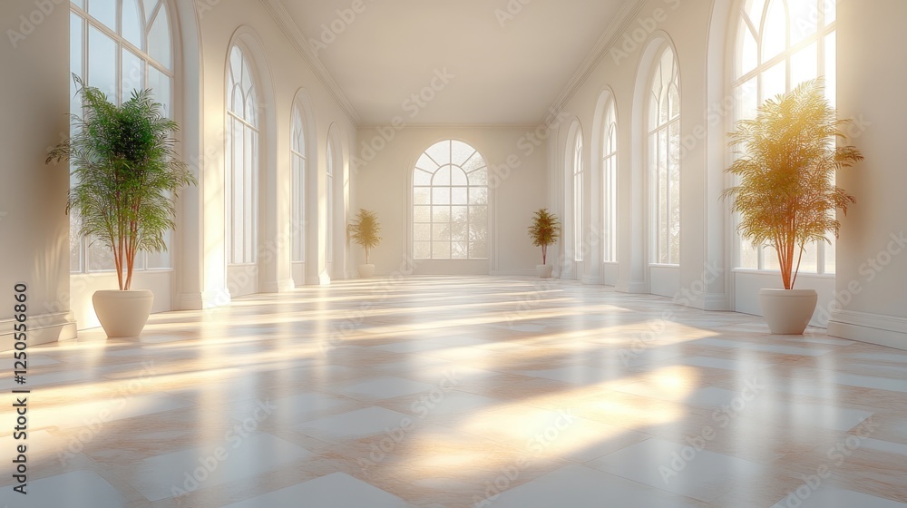 Poster bright and airy corridor in an empty room with large windows and potted plants creating a serene and