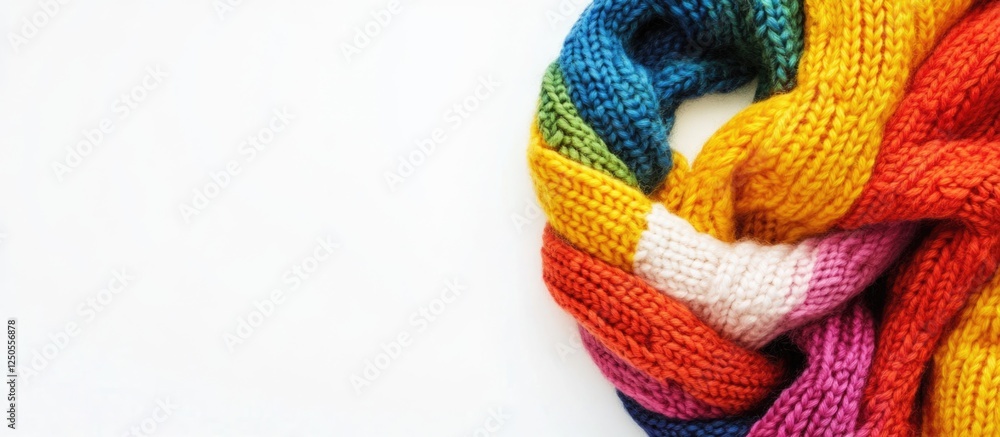 Poster rainbow colored knitted scarf with soft texture on white background providing space for text and cre