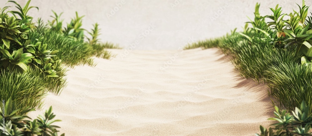 Aufkleber serene summer beach scene featuring walking paths and ample space for text overlay in a tranquil nat