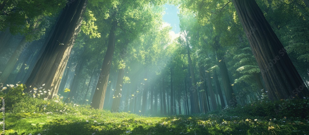 Aufkleber enchanting forest with tall trees and sunlight streaming through creating a serene and peaceful atmo