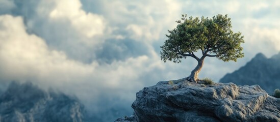 Lone tree on rocky hillside against dramatic cloudy sky with expansive area for custom text or branding