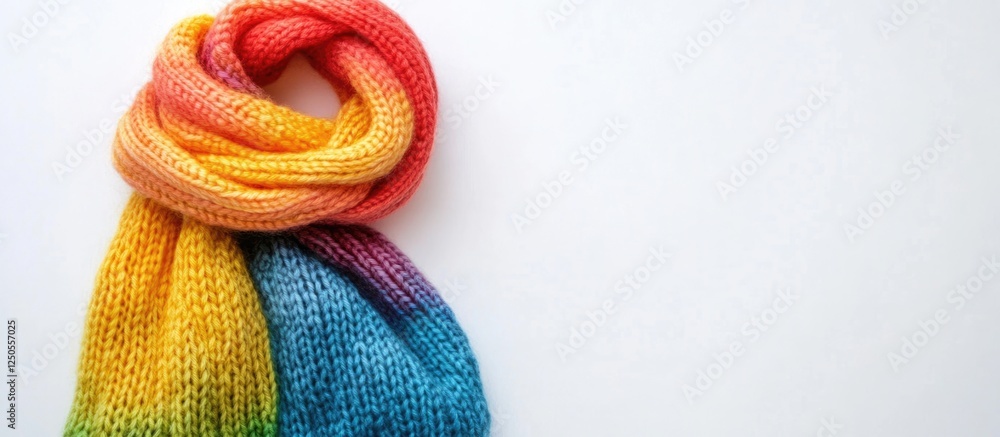 Aufkleber colorful knitted rainbow scarf displayed on a white background with ample empty space for text or pr