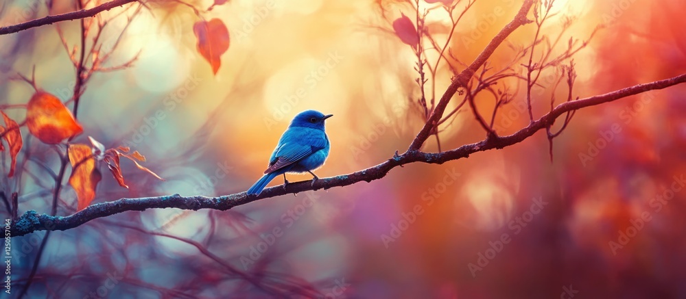 Poster small eastern bluebird perched on a tree branch surrounded by vibrant forest colors with soft bokeh 