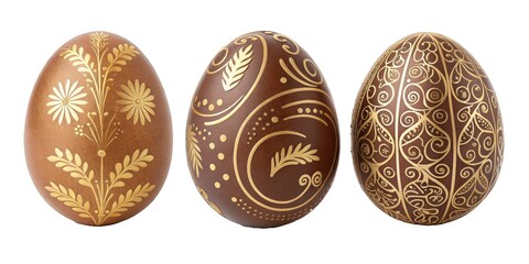 Fototapeta premium Gold and brown Easter eggs with intricate floral patterns, isolated on a transparent background, suitable for Easter promotions, seasonal branding, holiday advertisements, and decorative designs.