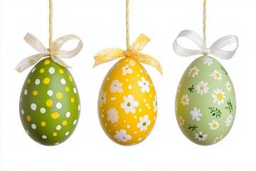 Easter eggs hanging on a white background, decorated with ribbons and flowers